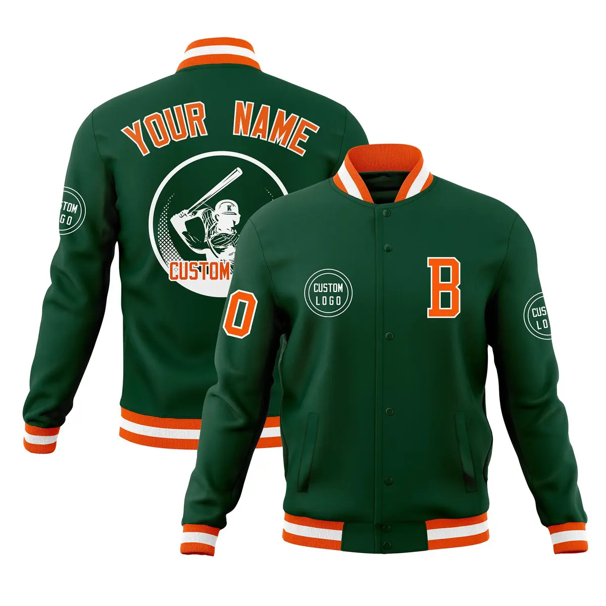 Green Full-Snap Varsity Letterman Baseball Jacket