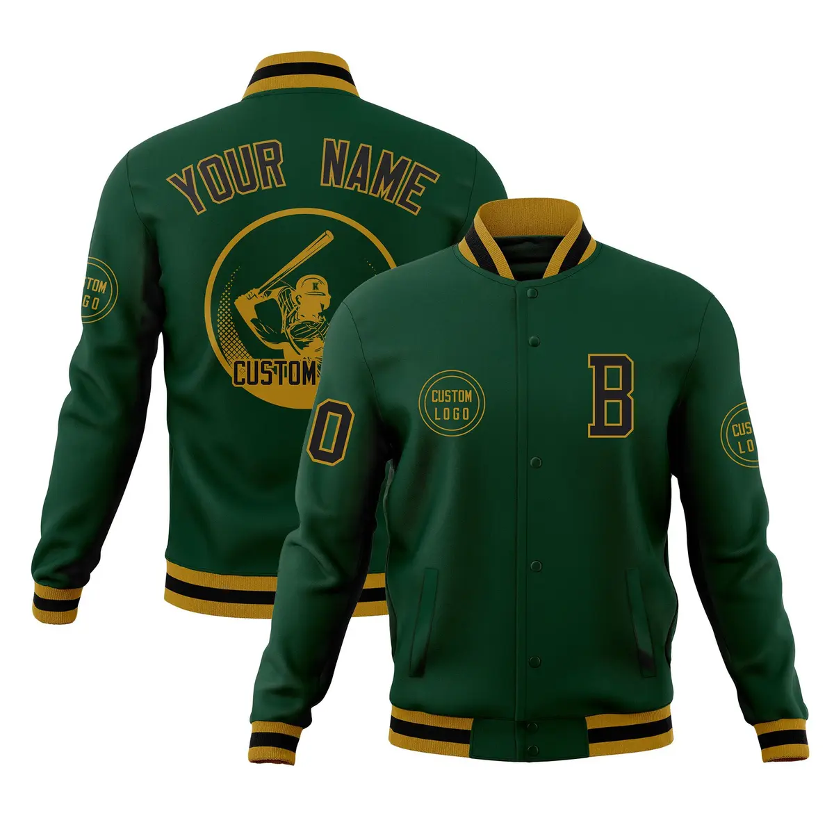 Green Full-Snap Varsity Letterman Baseball Jacket