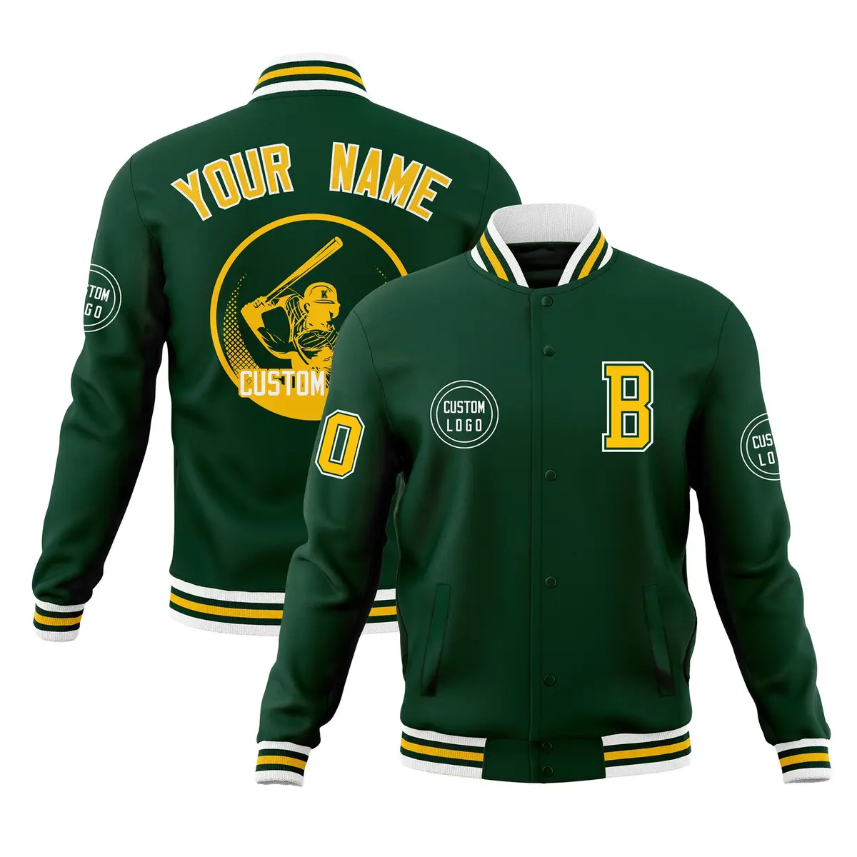 Green Full-Snap Varsity Letterman Baseball Jacket