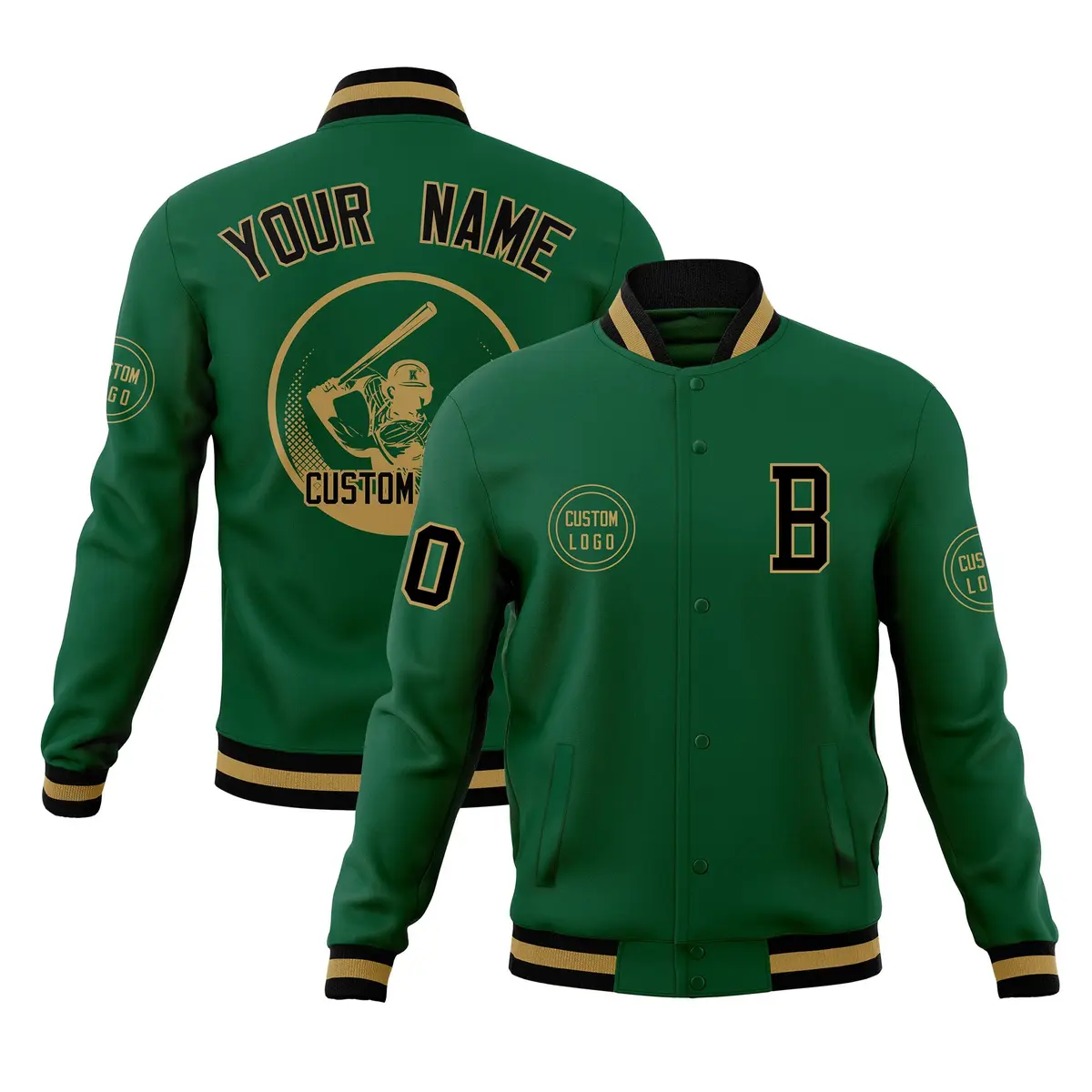 Green Full-Snap Varsity Letterman Baseball Jacket