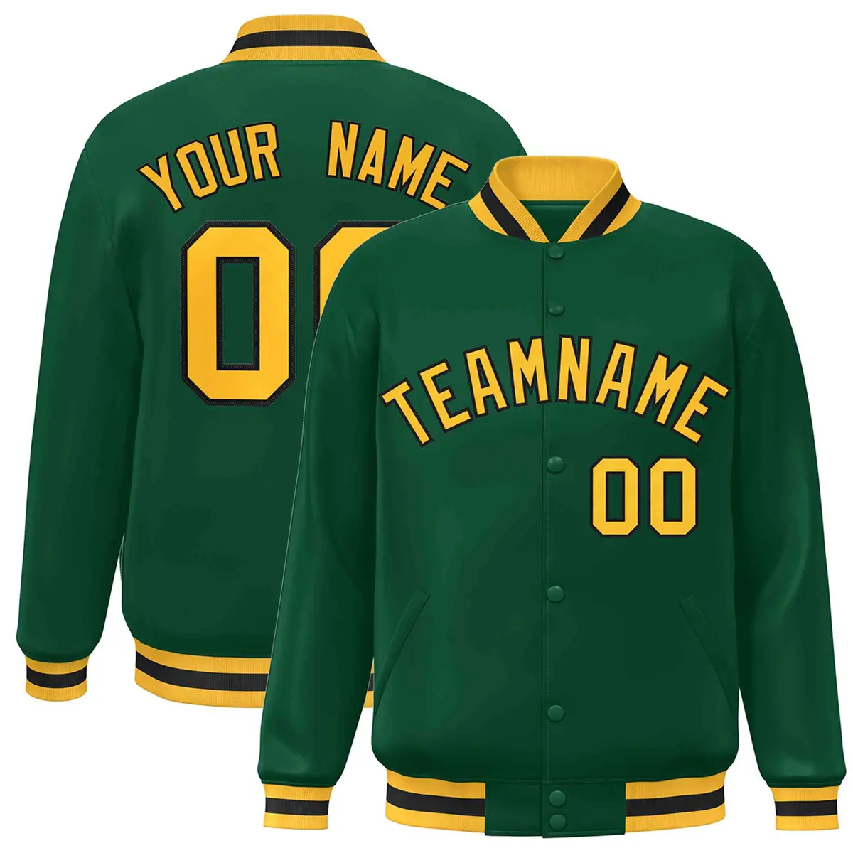 Green Gold-Black Classic Varsity Full-Snap Letterman Jacket