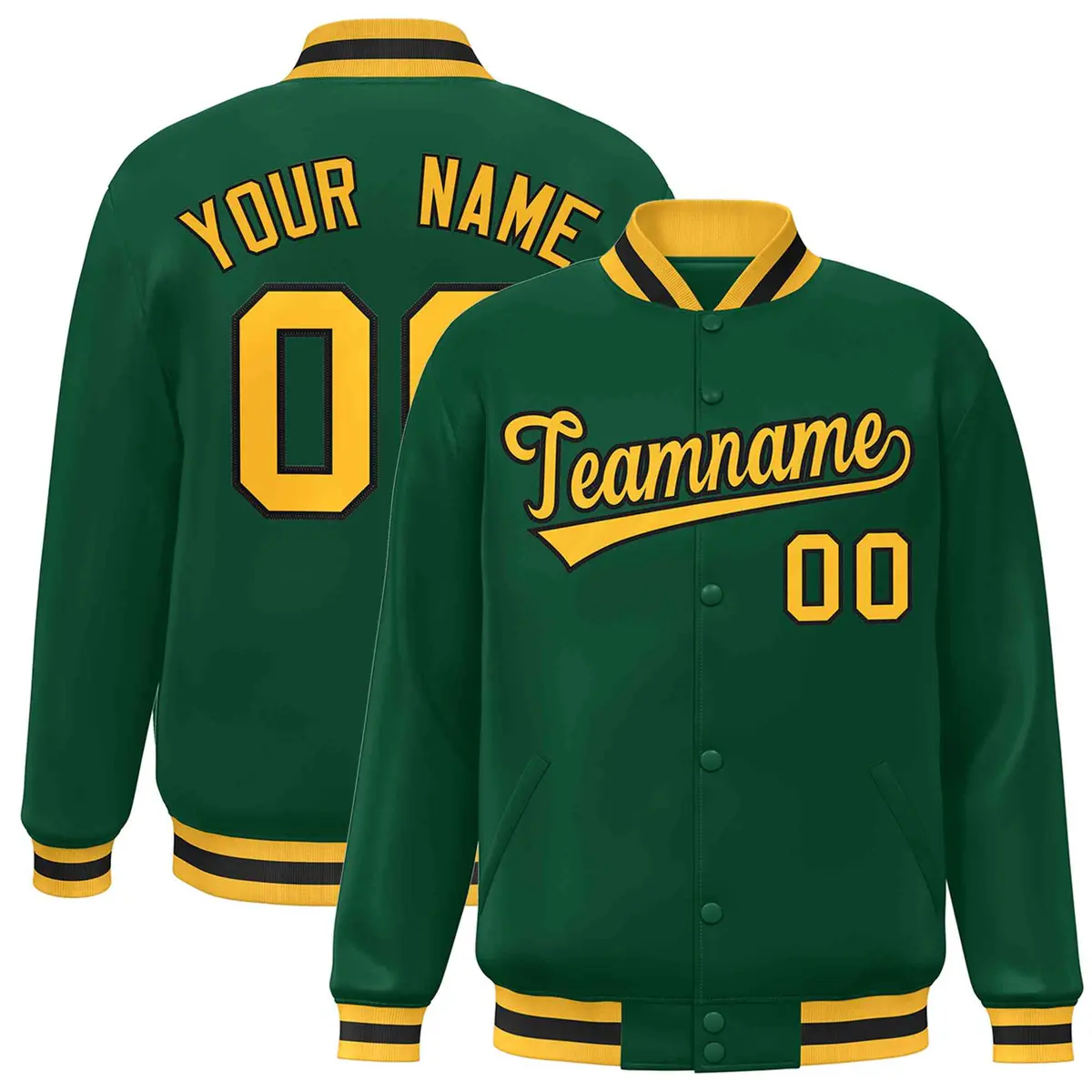 Green Gold-Black Classic Varsity Full-Snap Letterman Jacket