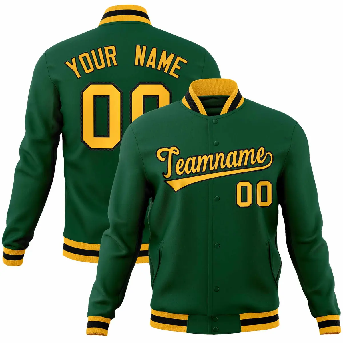 Green Gold-Black Classic Varsity Full-Snap Letterman Jacket