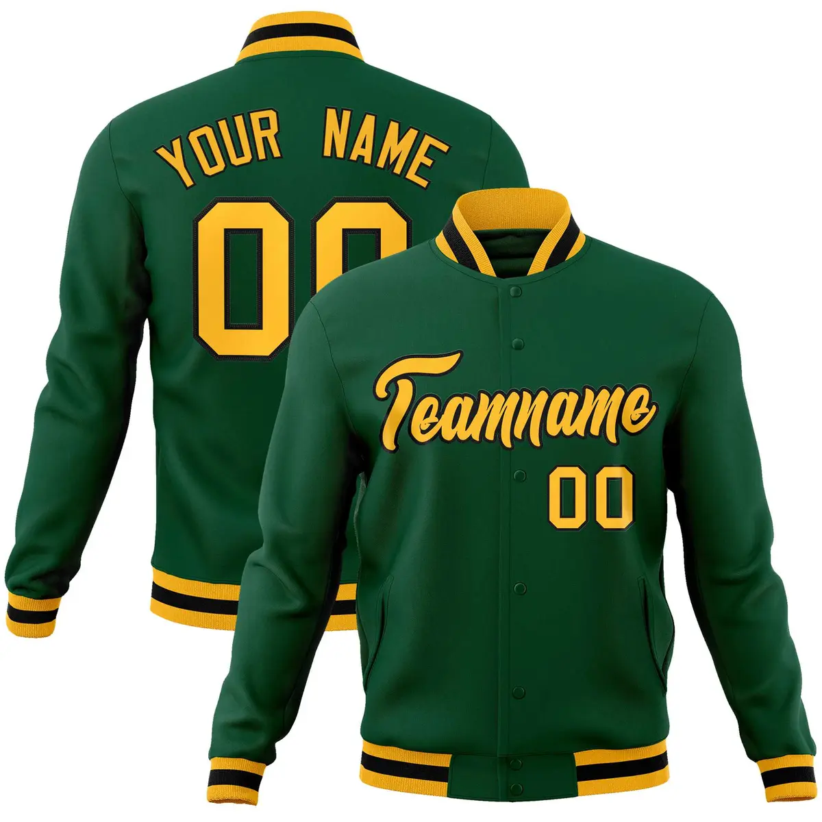 Green Gold-Black Classic Varsity Full-Snap Letterman Jacket