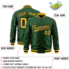 Green Gold-Black Full-Zip Varsity Letterman Bomber Jacket 2