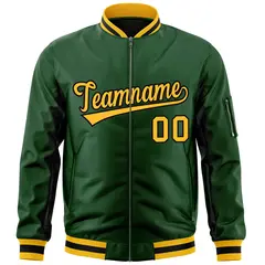 Green Gold-Black Full-Zip Varsity Letterman Bomber Jacket 3