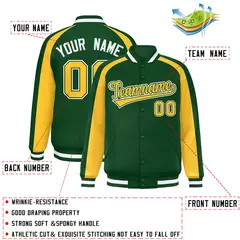 Green Gold Color Block Raglan Varsity Letterman Jacket 2