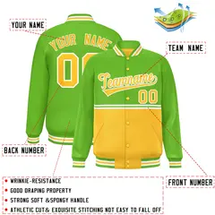 Green Gold Color Block Varsity Full-Snap Letterman Jacket 2