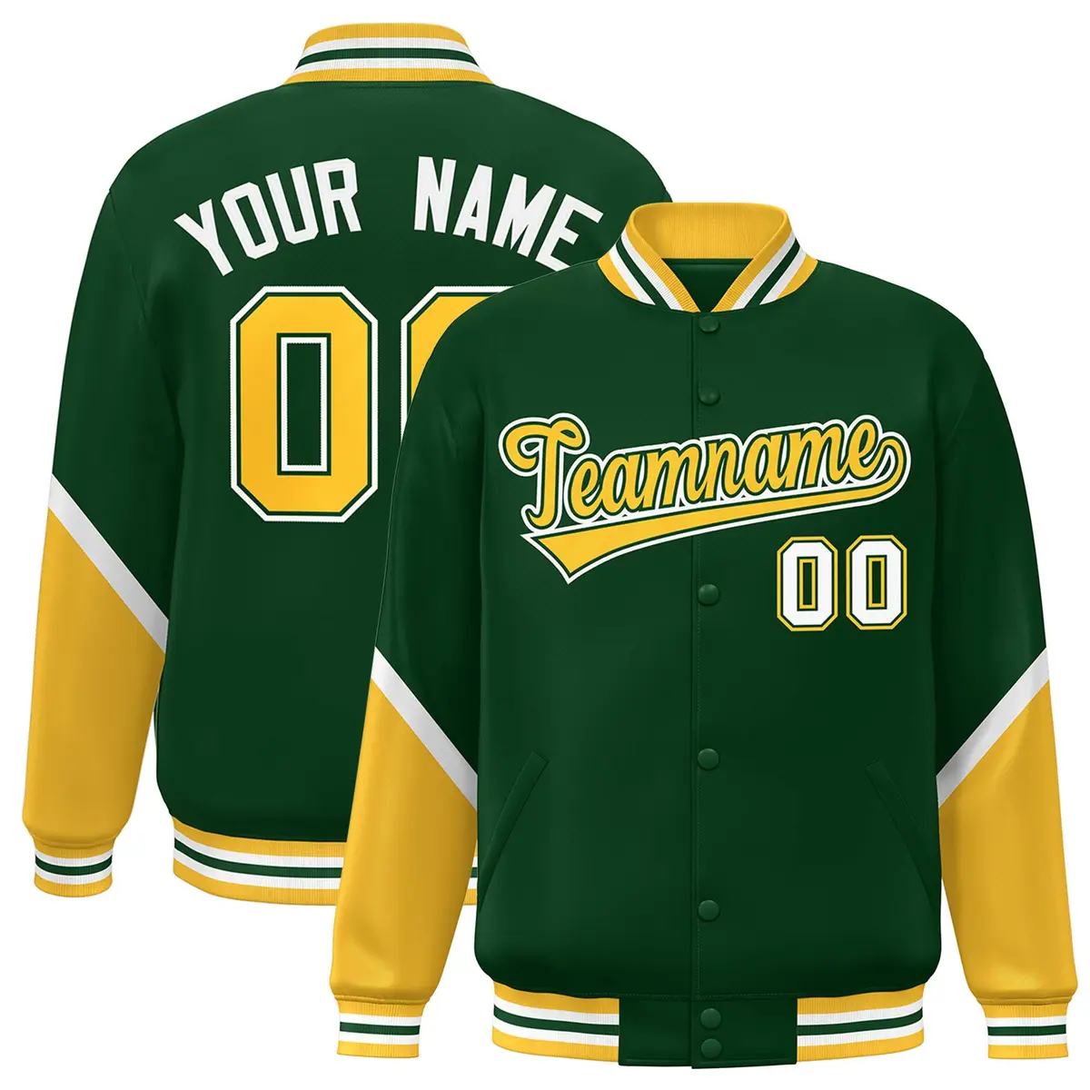 Green Gold Color Block Varsity Letterman Baseball Jacket