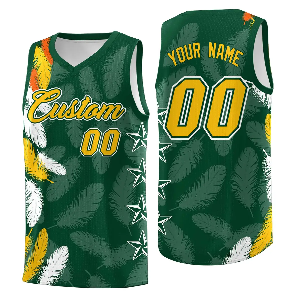 Green Gold Feather Series Graffiti Pattern Basketball Jersey