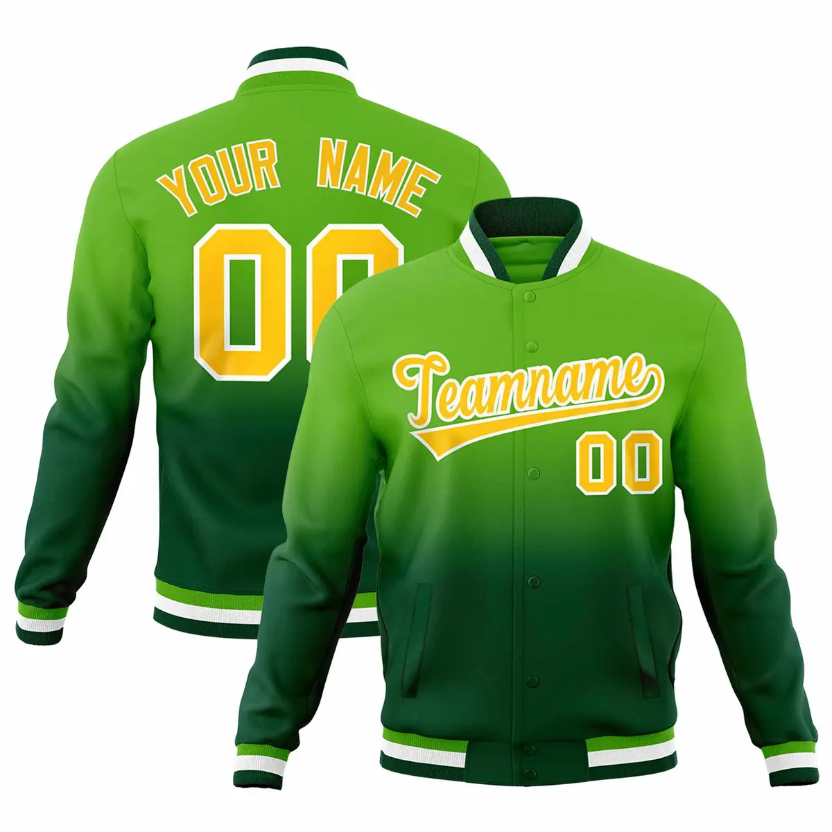 Green Gold Gradient Full-Snap Varsity Letterman Jacket