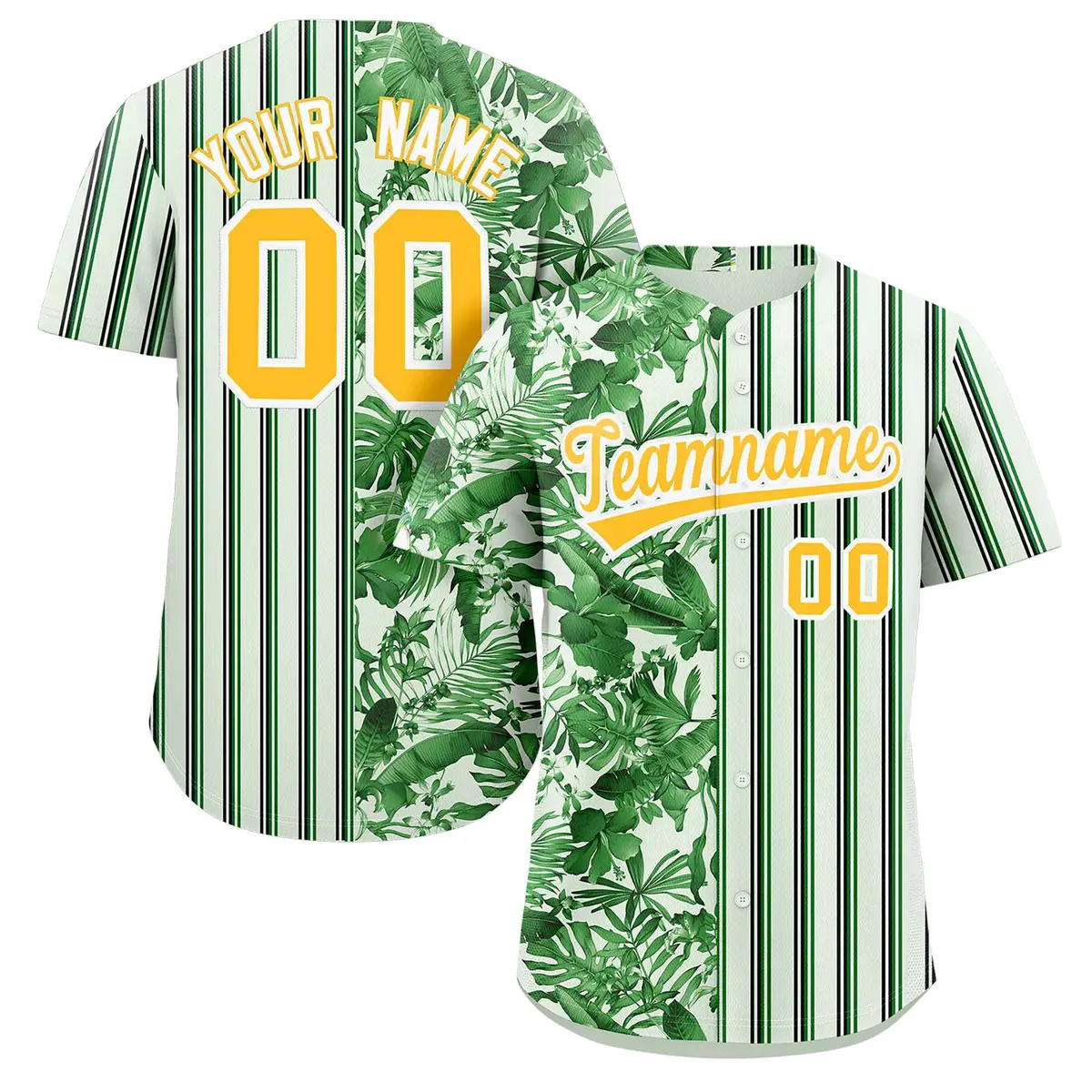 Green Gold Hawaii Tropical Flower Stripe Baseball Jersey