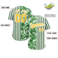 Green Gold Hawaii Tropical Flower Stripe Baseball Jersey 2
