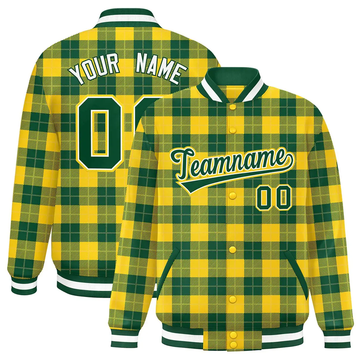Green Gold Plaid Varsity Letterman Baseball Jacket