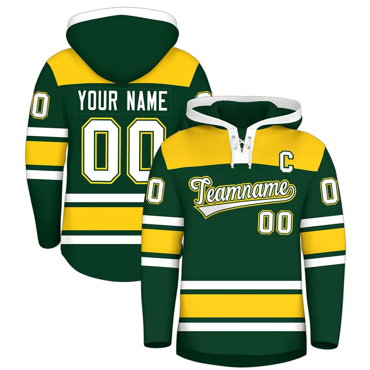 Green Gold Raglan Lace-Up Neck Hockey Hoodie Jersey