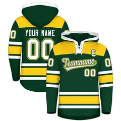 Green Gold Raglan Lace-Up Neck Hockey Hoodie Jersey