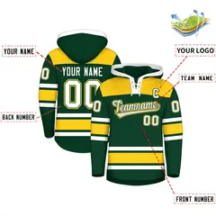 Green Gold Raglan Lace-Up Neck Hockey Hoodie Jersey 2