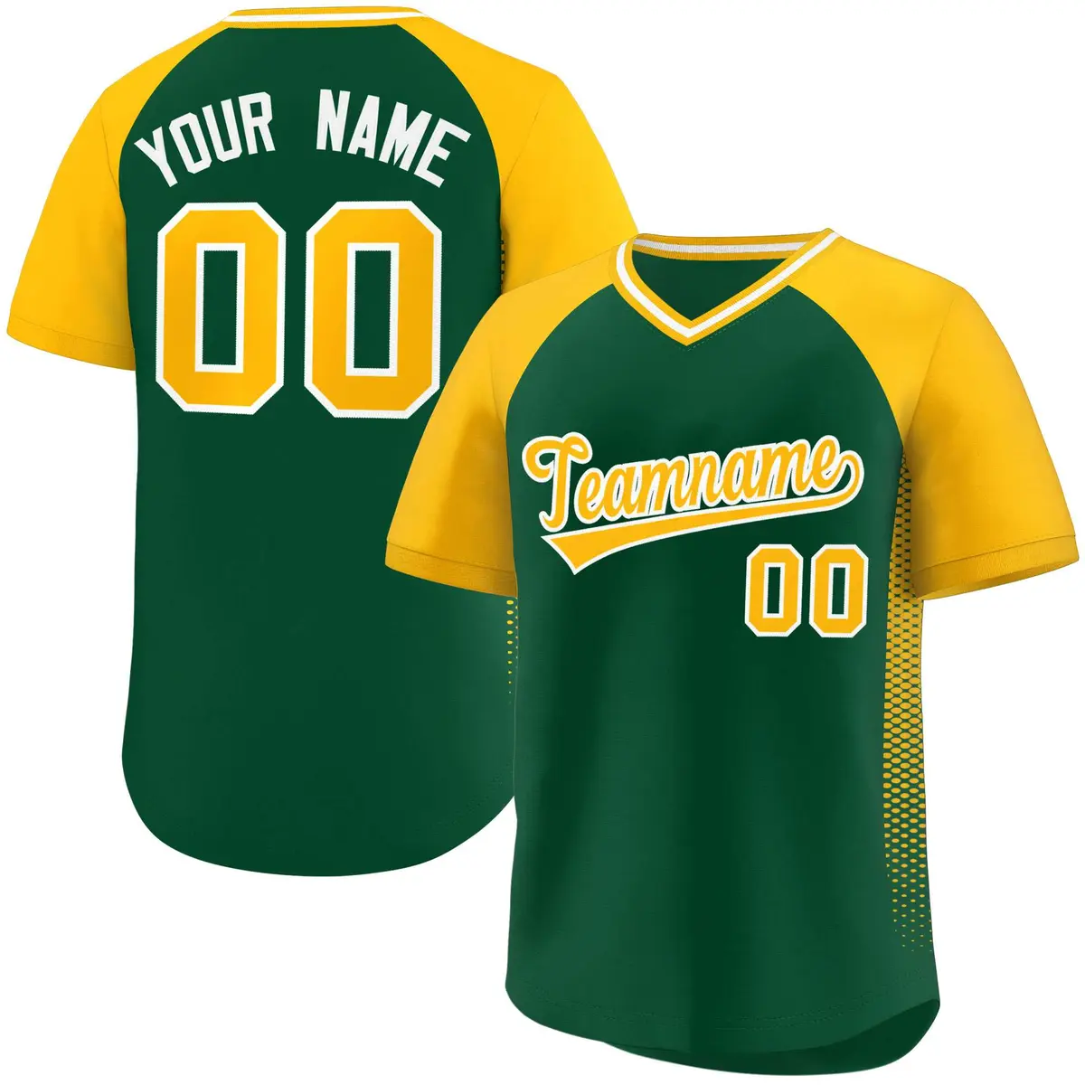Green Gold Raglan Side Spot Pullover Baseball Jersey