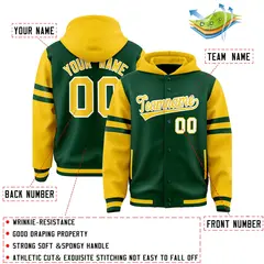 Green Gold Raglan Three Stripes Varsity Full-Snap Letterman Jacket Hoodie 4