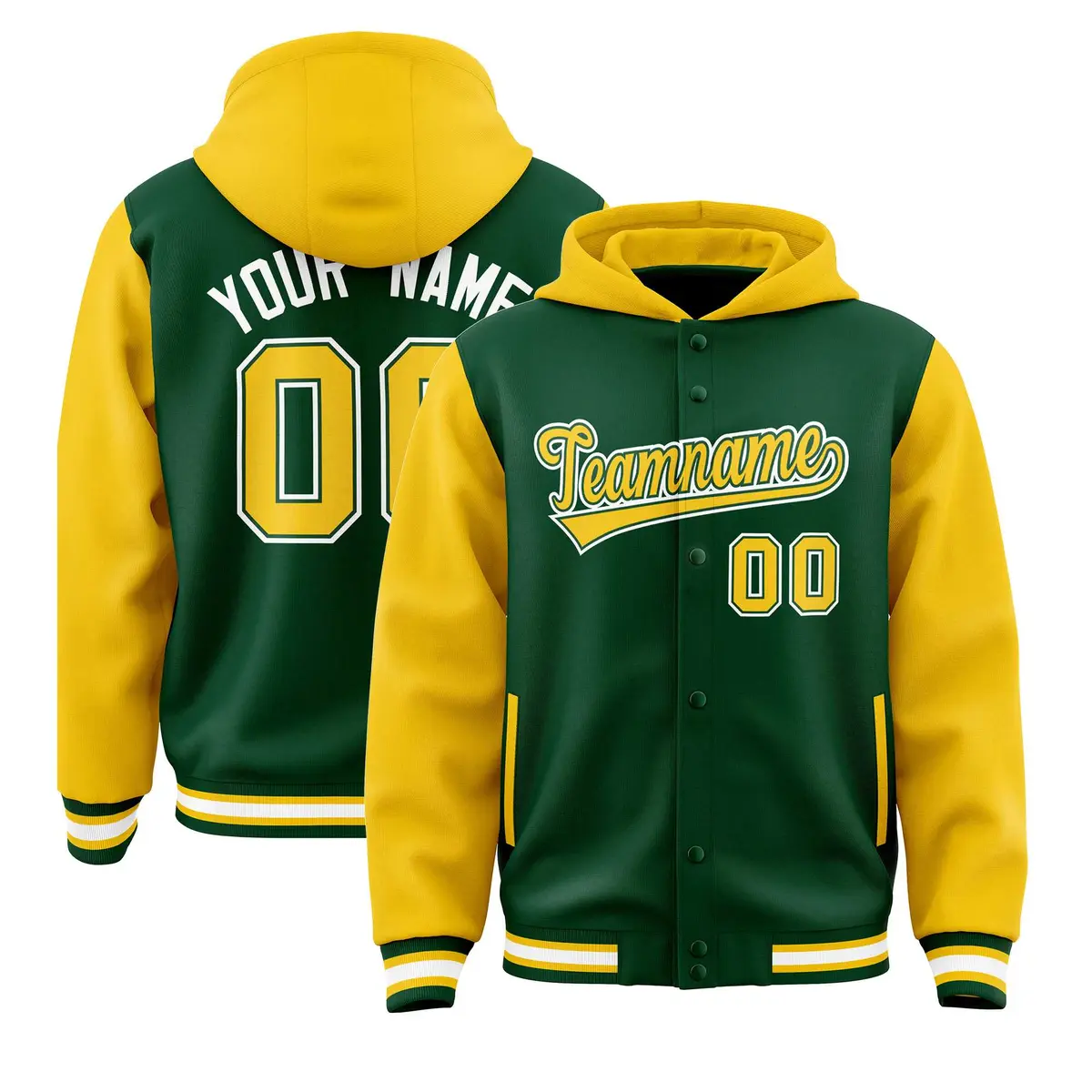 Green Gold Raglan Varsity Full-Snap Letterman Two Tone Jacket Hoodie