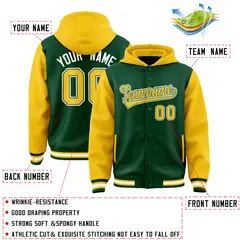 Green Gold Raglan Varsity Full-Snap Letterman Two Tone Jacket Hoodie 4