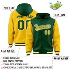 Green Gold Raglan Varsity Full-Snap Letterman Two Tone Jacket Hoodie 4