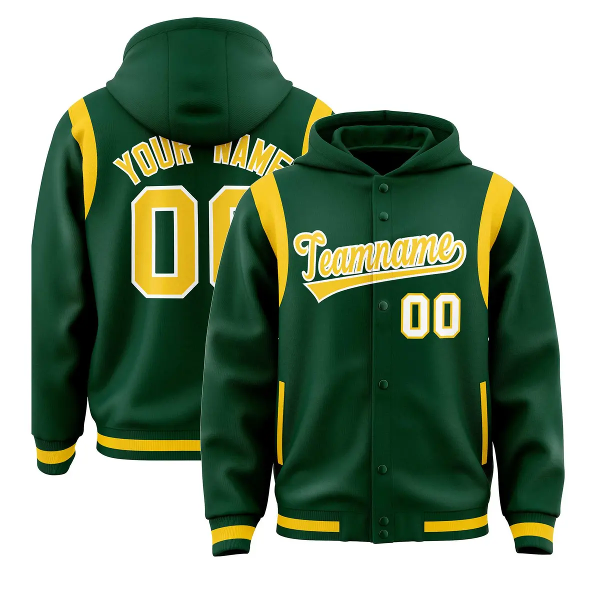Green Gold Shoulder Color Block Varsity Letterman Jacket Hoodie
