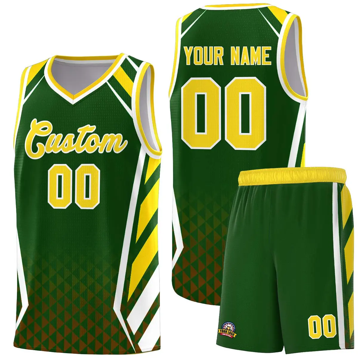 Green Gold Side Slash Diamond Pattern Basketball Jersey