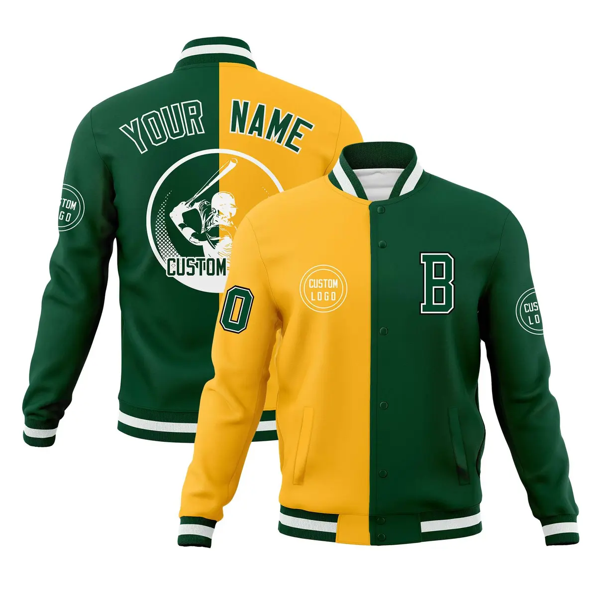 Green Gold Split Letterman Full-Snap Varsity Baseball Jacket