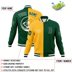 Green Gold Split Letterman Full-Snap Varsity Baseball Jacket 4