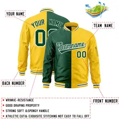 Green Gold Split Two Tone Varsity Full-Zip Letterman Bomber Jacket 2