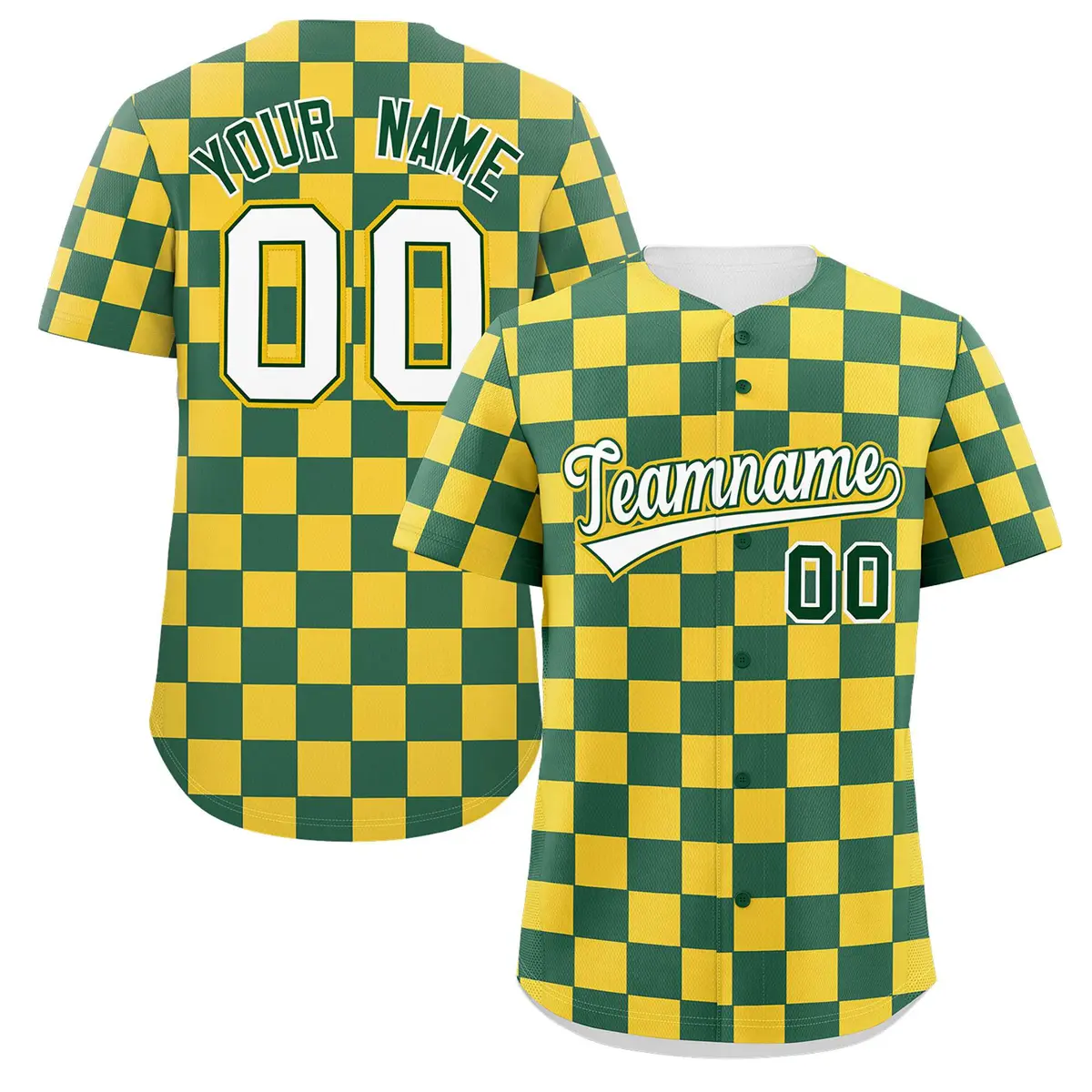 Green Gold Square Grid Color Block Baseball Jersey