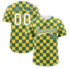 Green Gold Square Grid Color Block Baseball Jersey 1