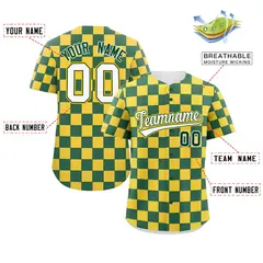 Green Gold Square Grid Color Block Baseball Jersey 2