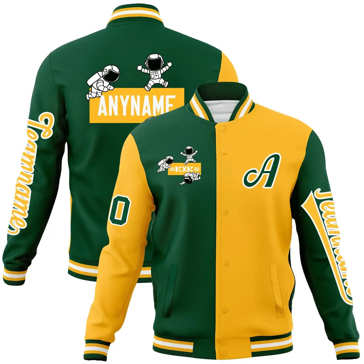 Green Gold Two Tone Raglan Sleeves Varsity Letterman Jacket