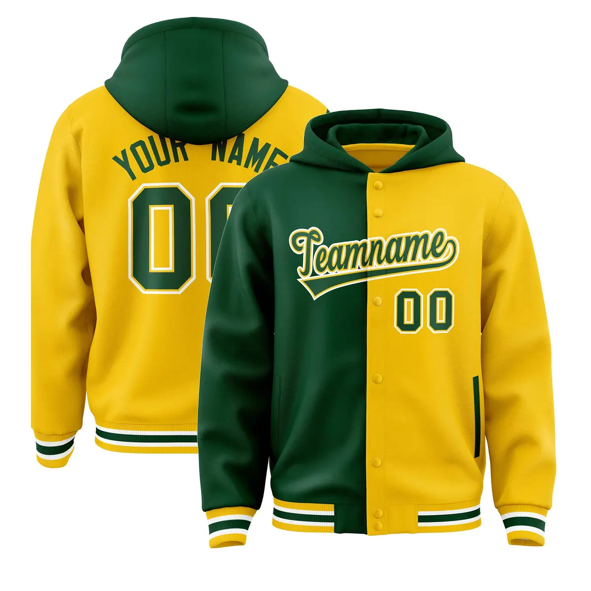Green Gold Two Tone Split Full-Snap Varsity Letterman Hoodie Jacket