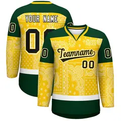 Green Gold White Cashew Flower Graffiti V-Neck Hockey Jersey