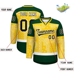 Green Gold White Cashew Flower Graffiti V-Neck Hockey Jersey 2