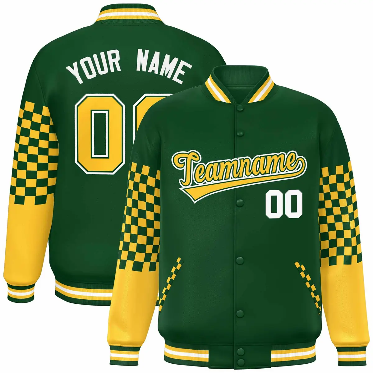 Green Gold-White Checkered Color Block Bomber Varsity Jacket