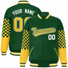 Green Gold-White Checkered Color Block Bomber Varsity Jacket