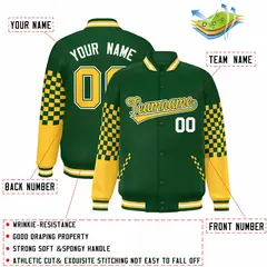 Green Gold-White Checkered Color Block Bomber Varsity Jacket 2