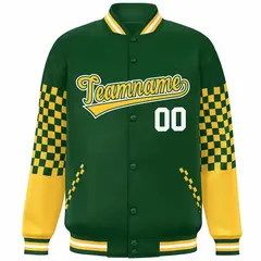 Green Gold-White Checkered Color Block Bomber Varsity Jacket 3