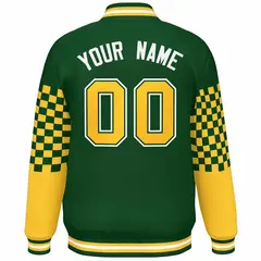 Green Gold-White Checkered Color Block Bomber Varsity Jacket 4
