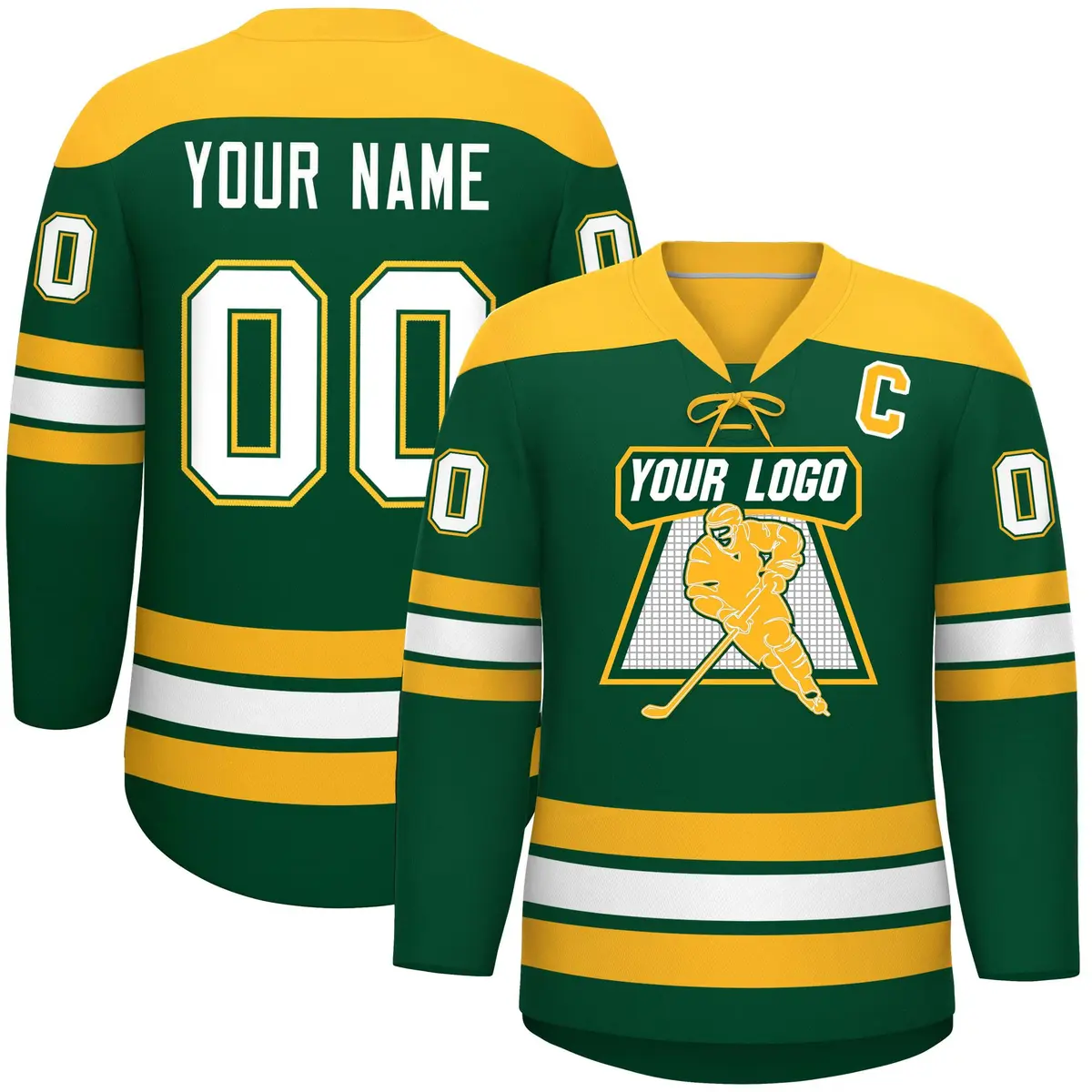 Green Gold White Classic Lace-Up Neck Hockey Jersey