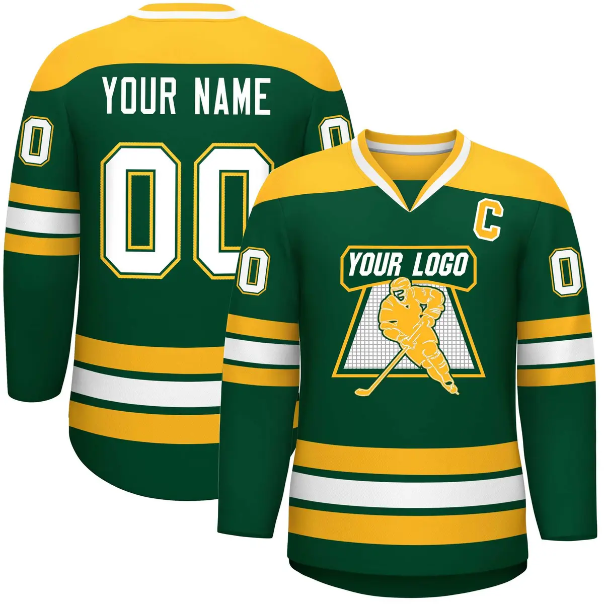 Green Gold-White Classic V-Neck Hockey Jersey