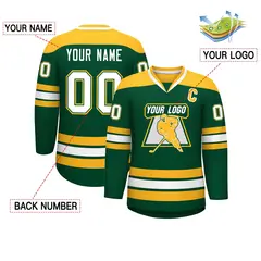 Green Gold-White Classic V-Neck Hockey Jersey 2