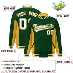 Green Gold-White Color Block Varsity Letterman Baseball Jacket 2