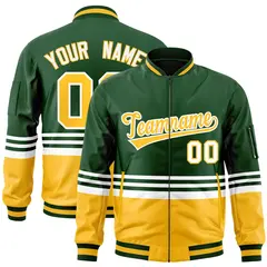 Green Gold-White Color Block Varsity Letterman Bomber Jacket