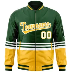 Green Gold-White Color Block Varsity Letterman Bomber Jacket 3