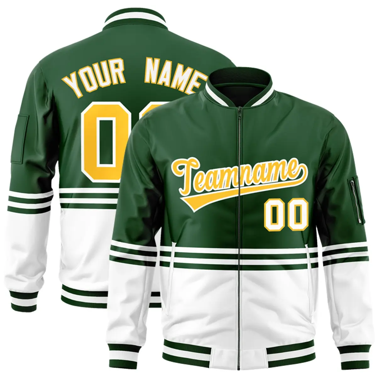 Green Gold-White Color Block Varsity Letterman Bomber Jacket